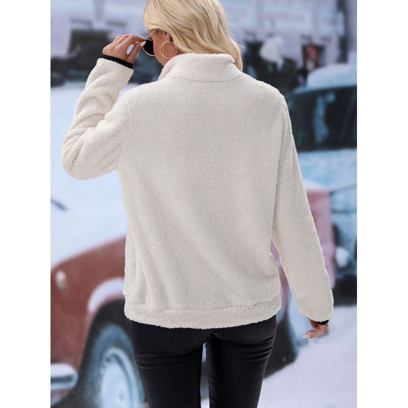 Women's fluffy fleece cuddle pullover with half zipper, kangaroo pocket and stand-up collar Amarae