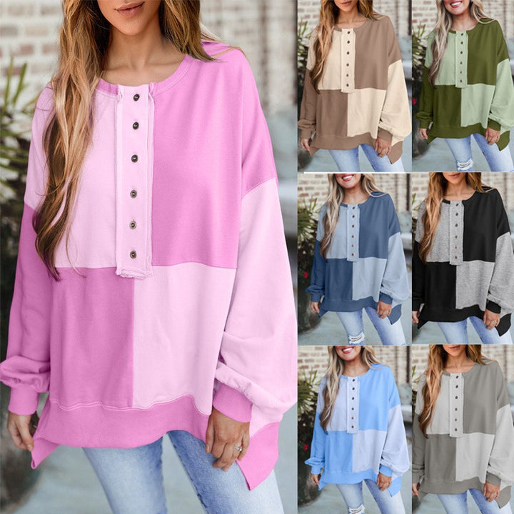 Women's Oversized Long Sleeve Sweatshirt in Colorblock with Henley Button Placket and Balloon Sleeves Amarae
