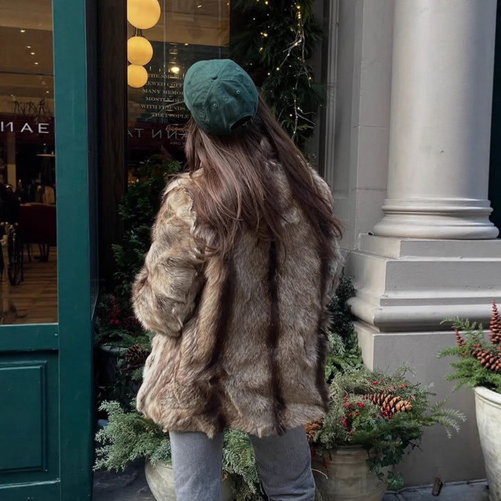 Women Boxy Faux Fur Coat with Luxurious Shawl Collar and Warm Padding Amarae