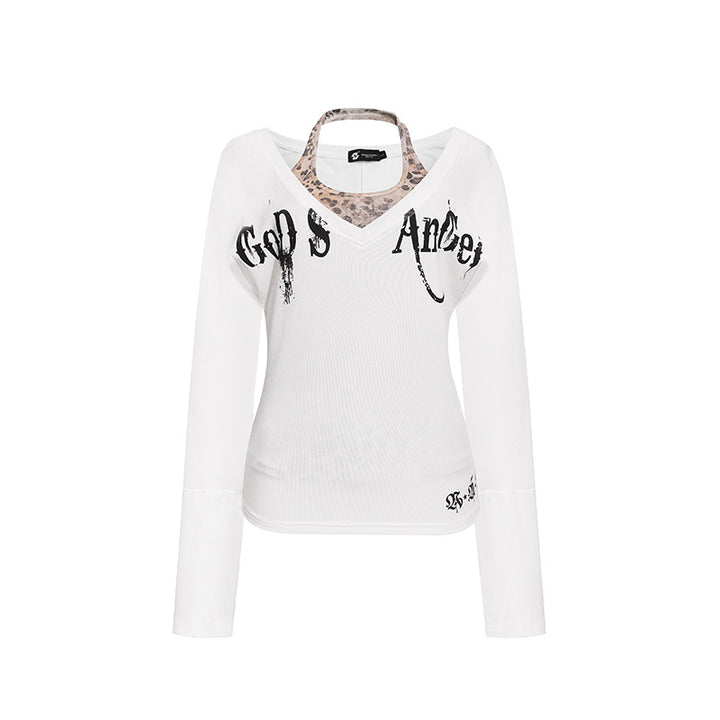 Women's Layered Long Sleeve Shirt with Integrated Halter Neck and Vintage Graphic Amarae