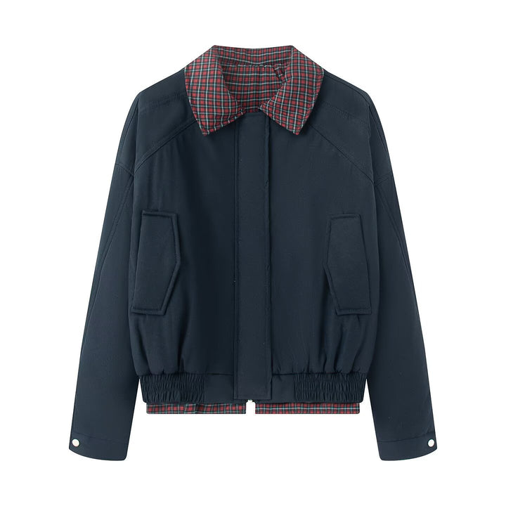Trendy transition jacket for women with check collar and practical flap pockets Lune London