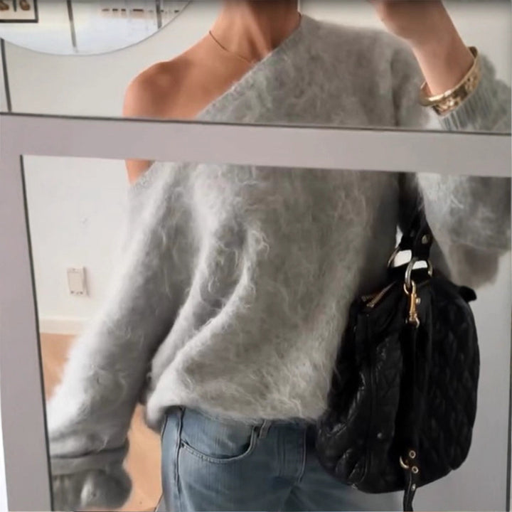 Women Oversize Mohair Blend Off-Shoulder Sweater with Balloon Sleeves Amarae