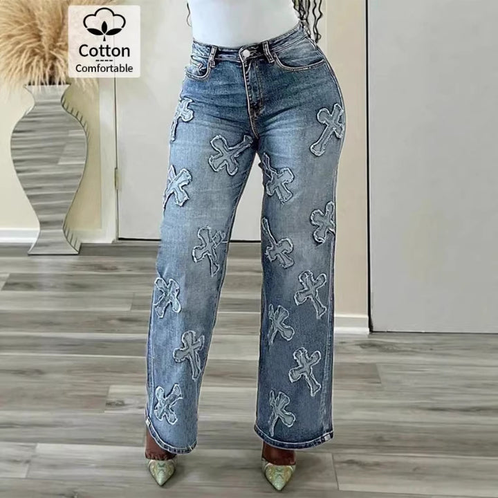 Women's high-waisted straight-cut jeans with cross appliqués made of cotton denim Amarae