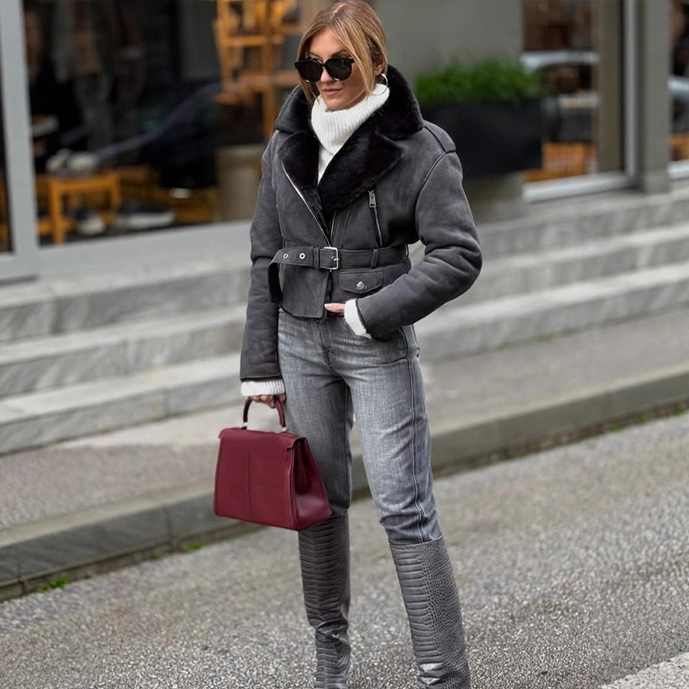 Women's short jacket in biker style made of faux suede with teddy lining and belted waist Amarae