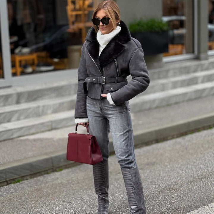 Women's short jacket in biker style made of faux suede with teddy lining and belted waist Amarae