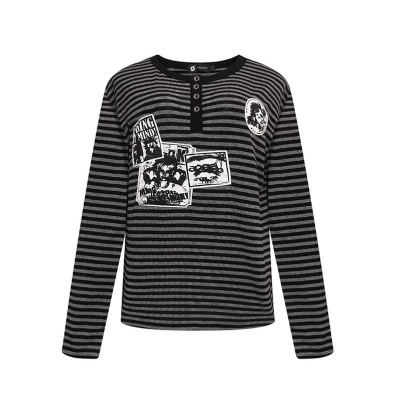 Women's Striped Long Sleeve Henley Shirt with Button Placket and Graphic Patches Amarae