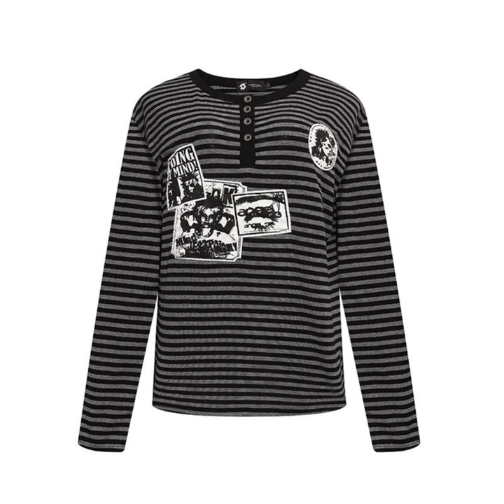 Women's Striped Long Sleeve Henley Shirt with Button Placket and Graphic Patches Amarae