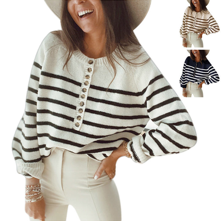 Casual knit sweater for women with button details and a striped pattern Lune London