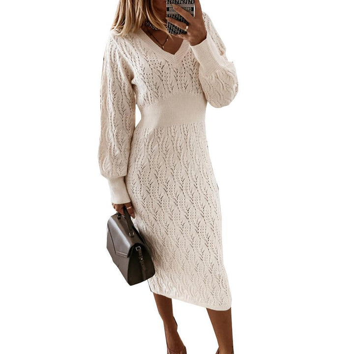 Knitted dress for women with semi-transparent pattern and elegant V-neck Lune London