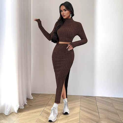 Striped midi dress for women with high collar and slit Amarae