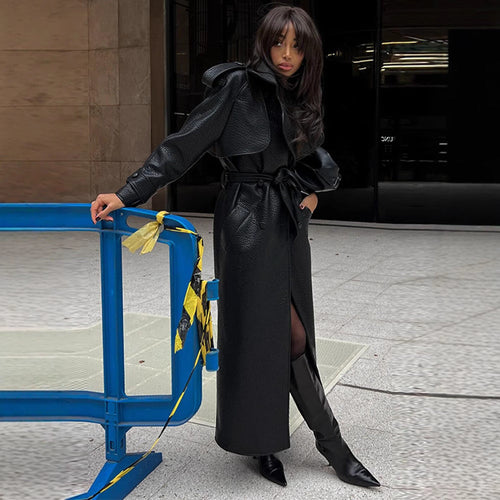 Women's Faux Leather Trench Coat with Top and Waist Belt Amarae