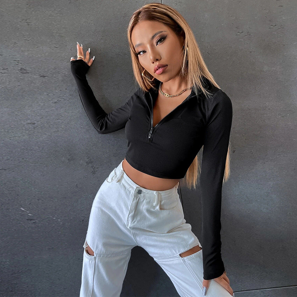 Chemise femme cropped à manches longues avec zip à la mode Chic & Stil