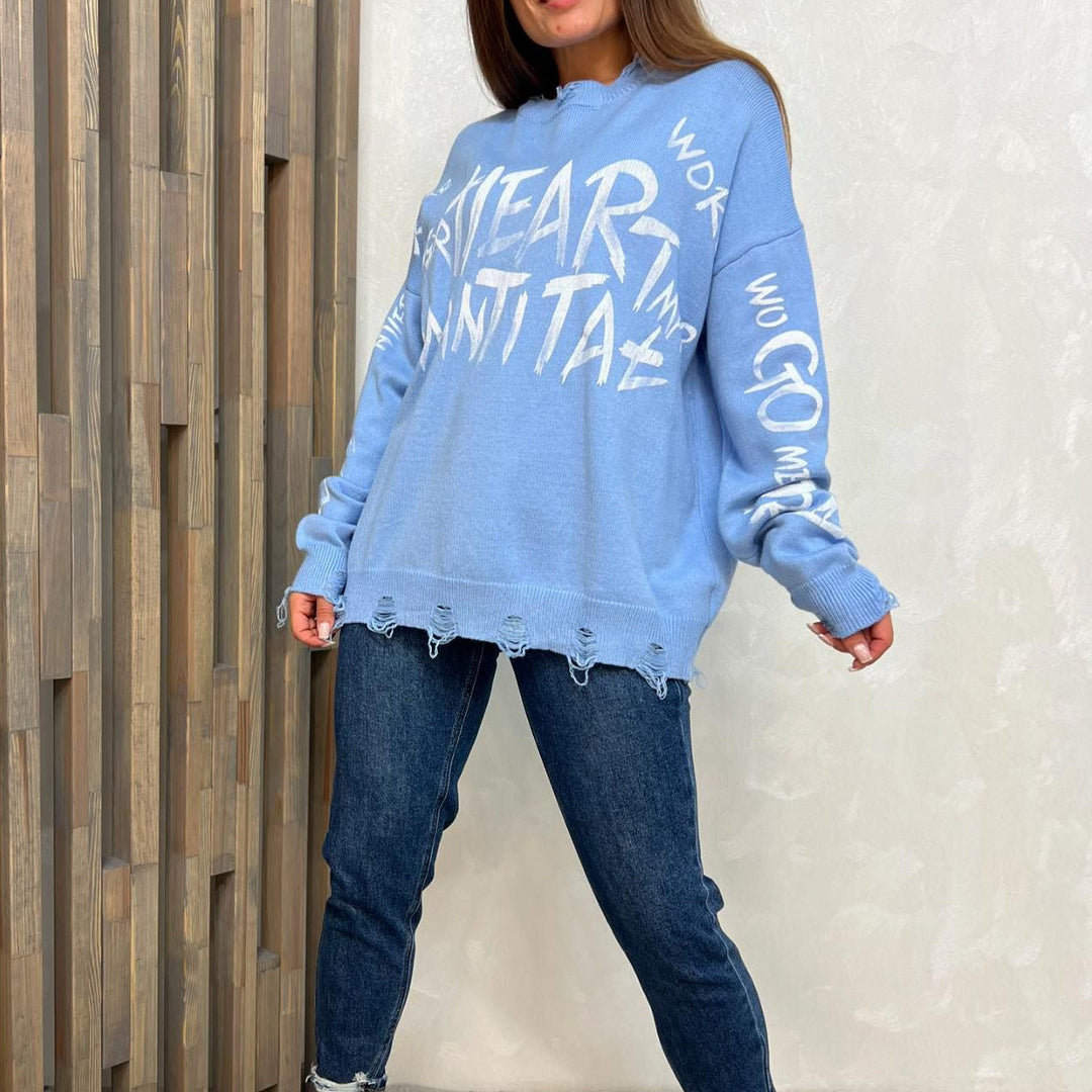 Oversized sweatshirt for women with creative inscription and trendy ripped details Lune London