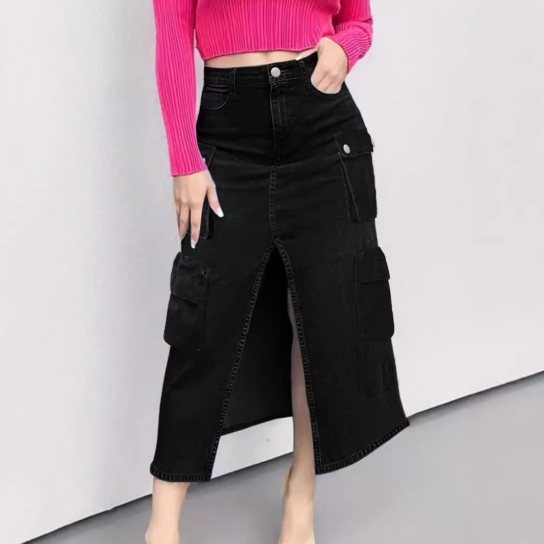 Ladies High-Waist Cargo Denim Midi Skirt with Front Slit Amarae