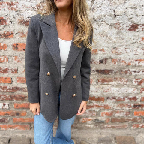 Ladies Elegant Double-Breasted Blazer with Textured Fabric and Gold Buttons Amarae
