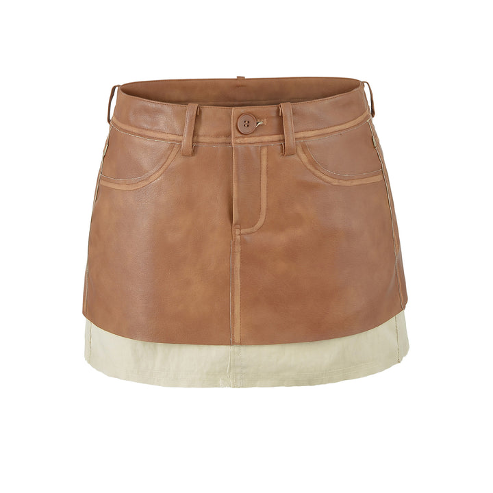 Ladies High-Waisted Faux Leather Mini Skirt with Decorative Seams and Belt Loops Amarae