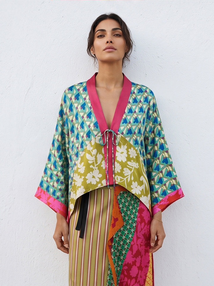Women's Patchwork Kimono Top made of silk blend with deep V-neck and tie belt Amarae
