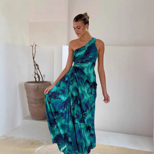 Women’s maxi dress with asymmetric cut and flowing pleated skirt Amarae