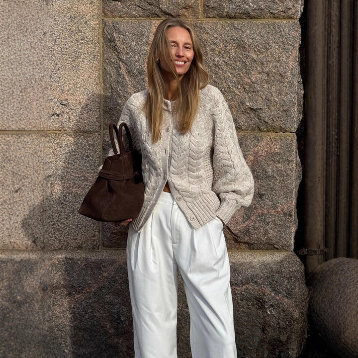Women Chunky Knit Cable Pattern Cardigan with Balloon Sleeves Amarae