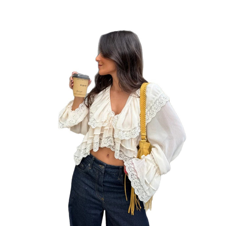 Women's Ruffled Lace Crop Top Blouse with Ruffles and V-Neck Amarae