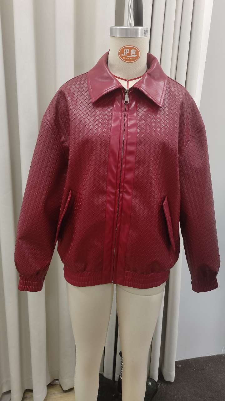Women's Braided Faux Leather Bomber Jacket in Boxy Cut with Zipper Amarae