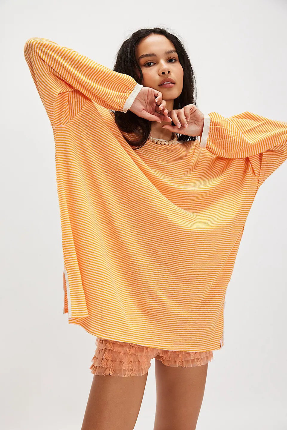Chic and stylish oversized casual T-shirt for women with stripes