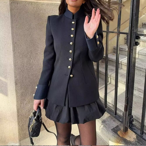 Elegant women's quilted jacket with high collar and gold buttons Amarae