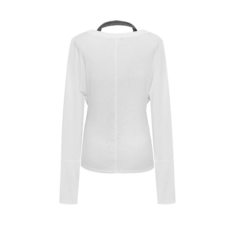 Women's layer long-sleeve shirt with deep V-neck, halter inner layer and side script print Amarae