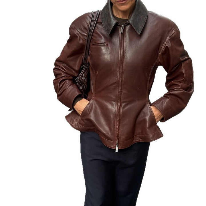 Women’s leather jacket with tailored peplum, zipper & large shirt collar Amarae