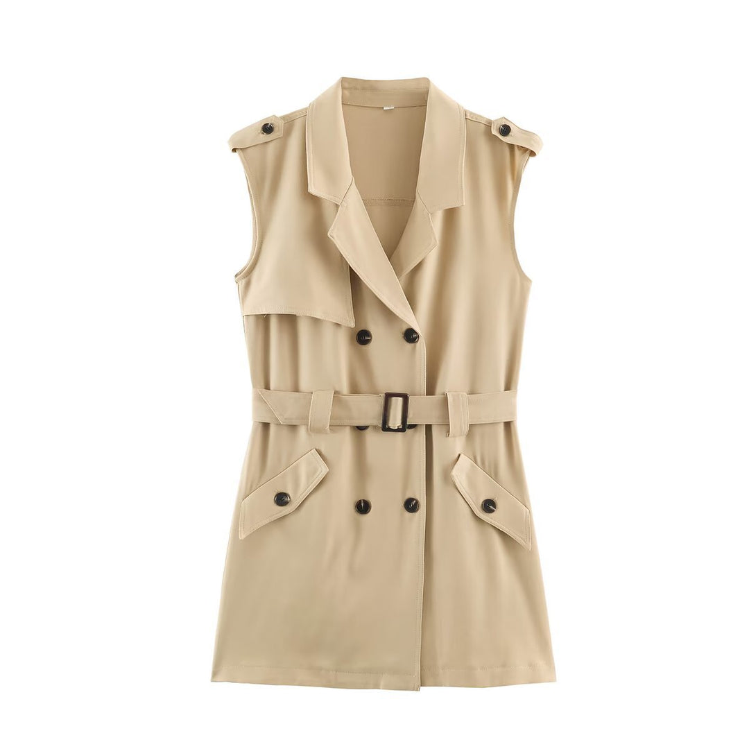 Women's Sleeveless Tailored Trench Dress with Tie Belt and Flap Pockets Amarae