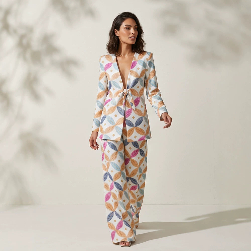 Women's Two-Piece Jacquard Suit with Waist Bow and Wide Leg Amarae