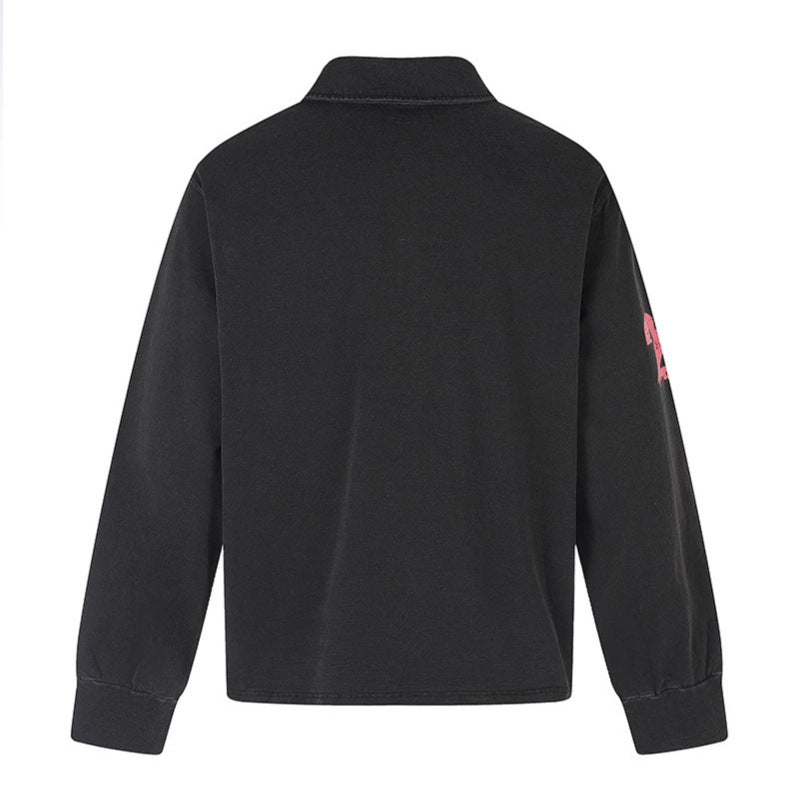 Men's Long Sleeve Polo Shirt with Vintage-Inspired Front Print, Shirt Collar and Button Placket Amarae