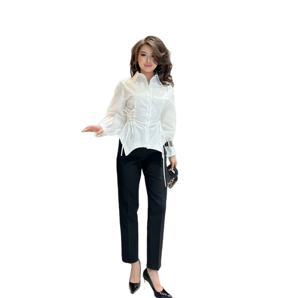 Women's Tailored Shirt Blouse with Drawstring Waist & Extra Long Cuffs Amarae