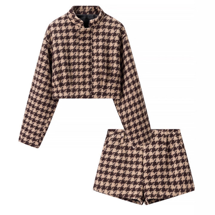 Women's Houndstooth Wool Blend Two-Piece made of Short Jacket and High-Waist Shorts Amarae