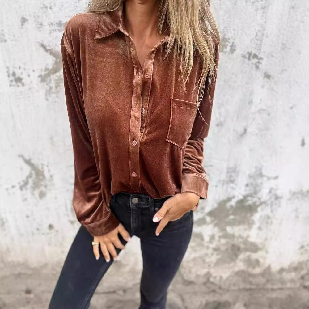 Women Elegant velvet blouse with classic shirt collar and long sleeves Lune London