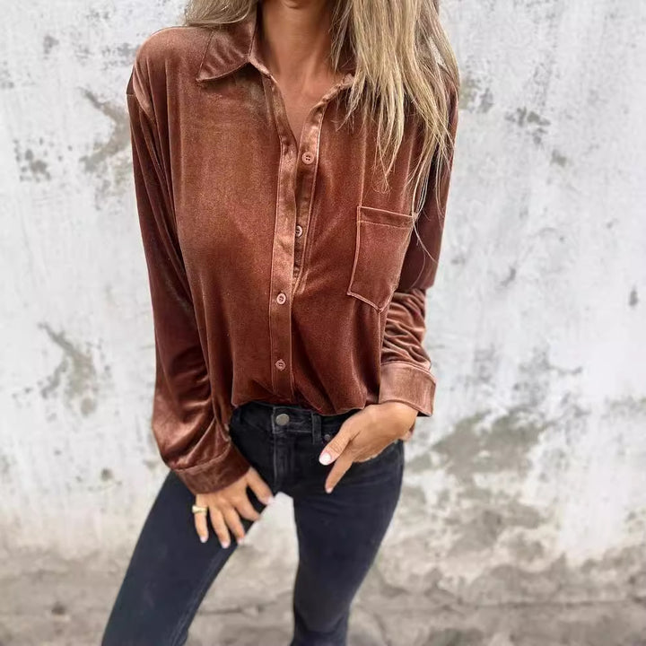 Women Elegant velvet blouse with classic shirt collar and long sleeves Lune London