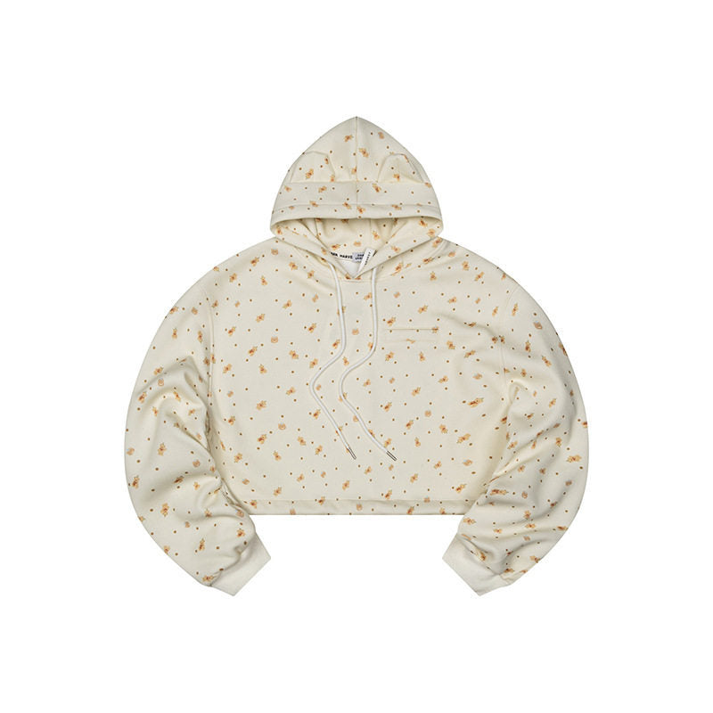 Women's Cropped Hoodie Sweatshirt with Allover Floral Print, Chest Pocket and Ruffled Hem Amarae