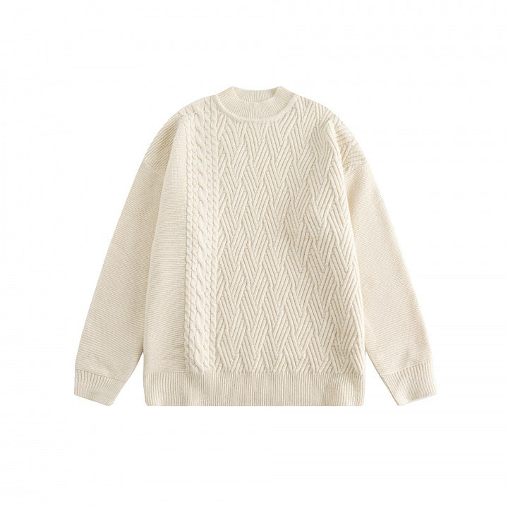Unisex Oversize Knit Sweater with Asymmetrical Cable Pattern and Round Neckline Amarae