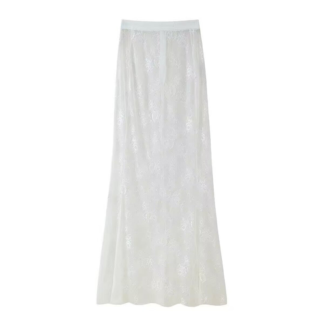 Women Long Lace Maxi Skirt with Elastic Band and Transparent Insert Amarae