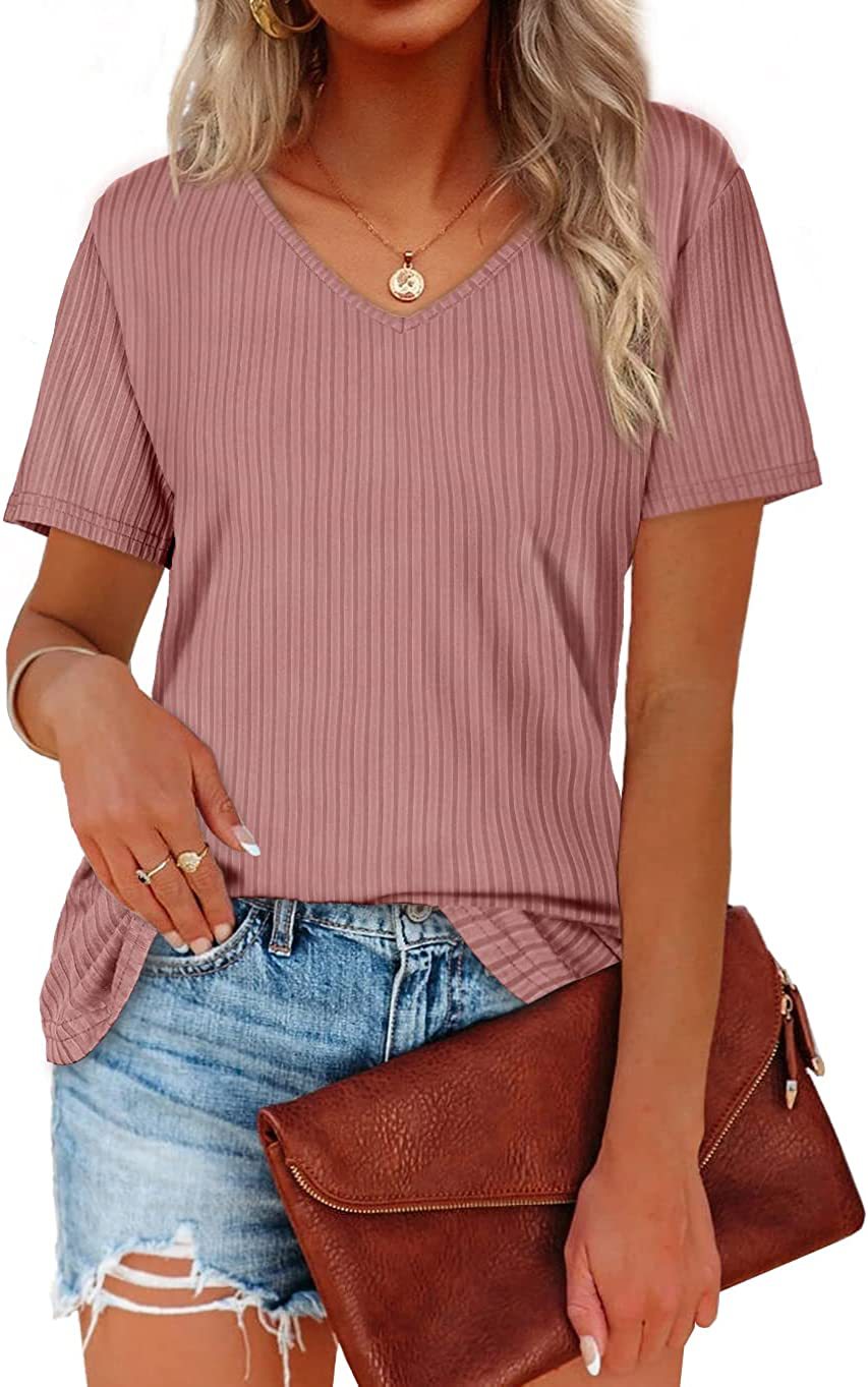Viscose T-shirt for women with a fine ribbed knit pattern and a casual V-neck Lune London