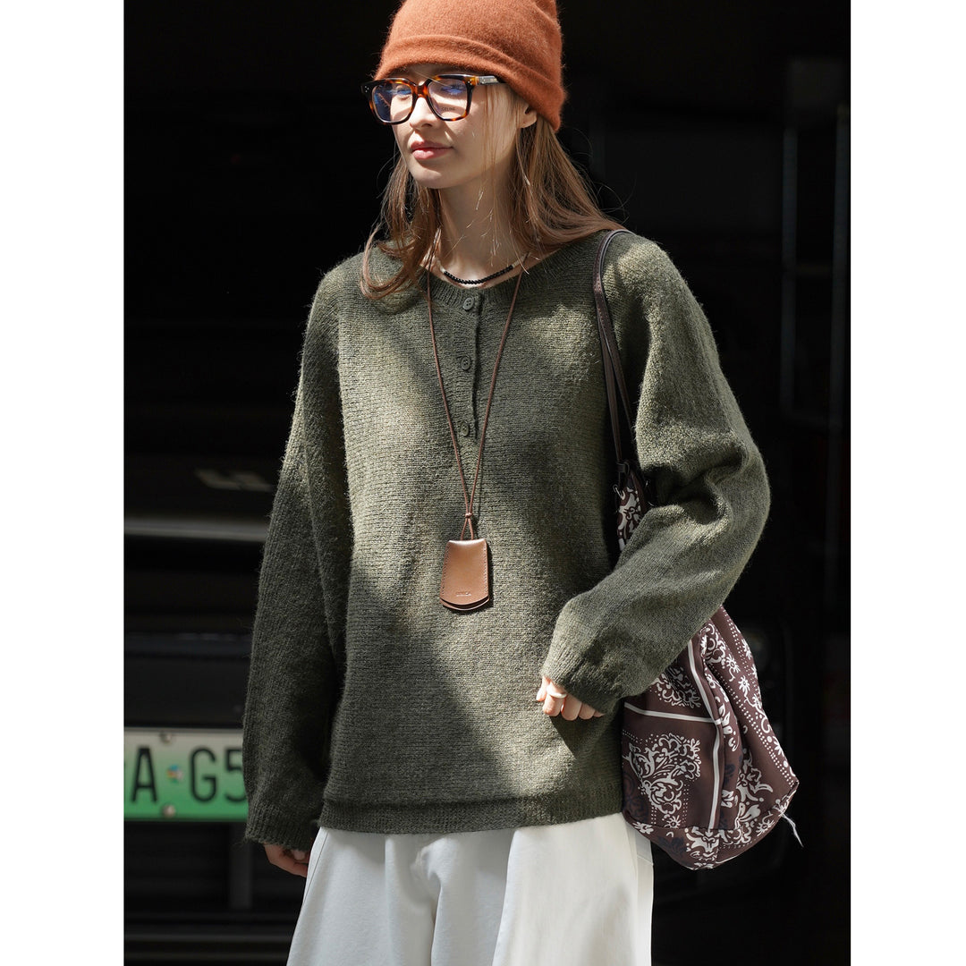 Women Loose Alpaca-Mix Round Neck Sweater with Concealed Button Placket Amarae