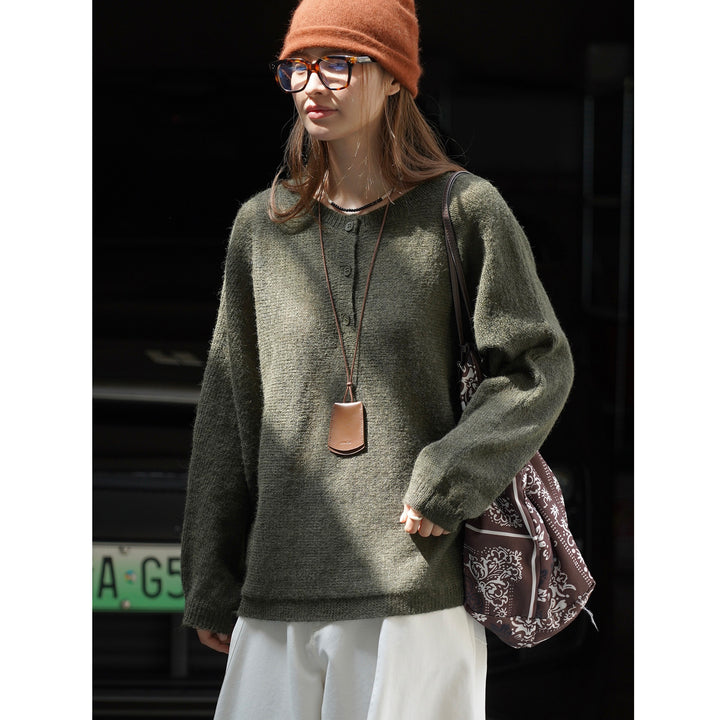 Women Loose Alpaca-Mix Round Neck Sweater with Concealed Button Placket Amarae