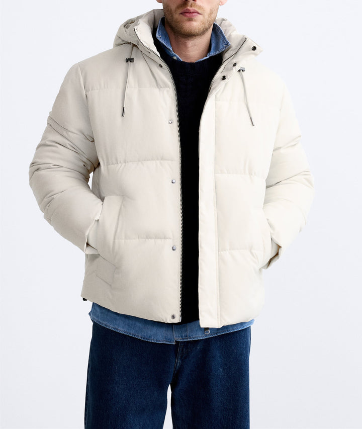 Men's short-cut padded hooded jacket with drawstring and concealed zip front Amarae