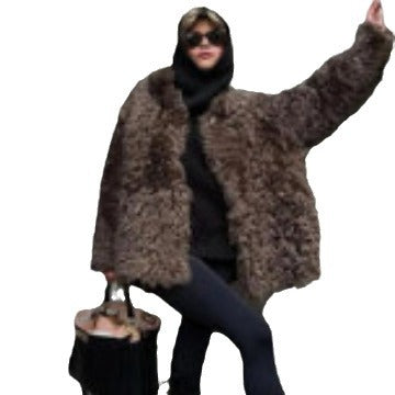 Women's Oversize Faux Fur Coat in Teddy Look with High Collar Amarae