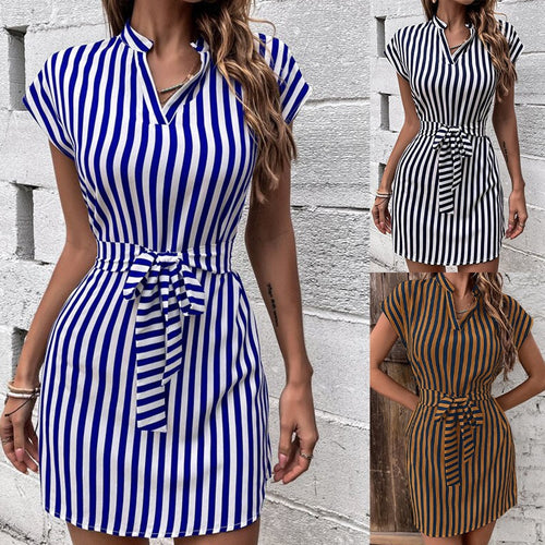 Trendy short-sleeved short dress for women with a slim belt at the waist and a fashionable striped pattern Amarae