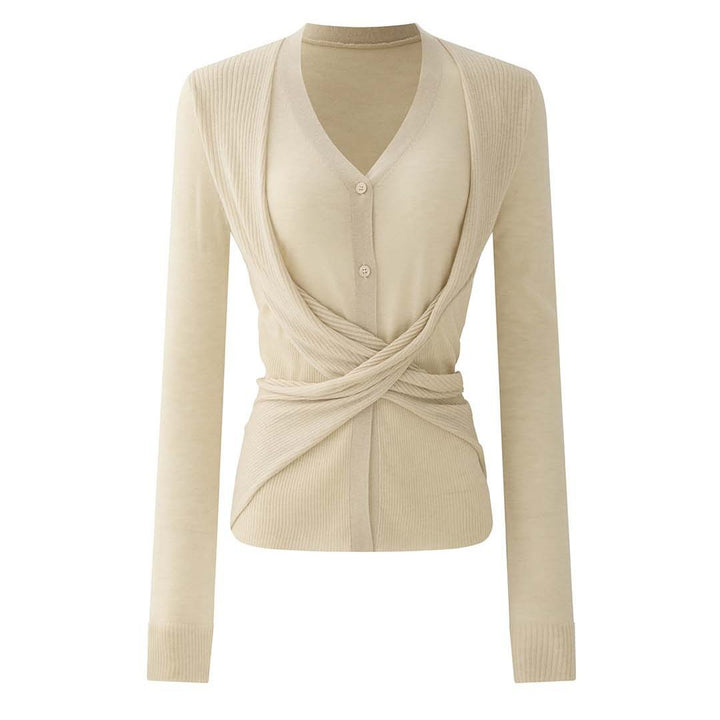 Ladies Fine V-Neck Cardigan with Long Shawl Edges and Ribbed Hem Amarae
