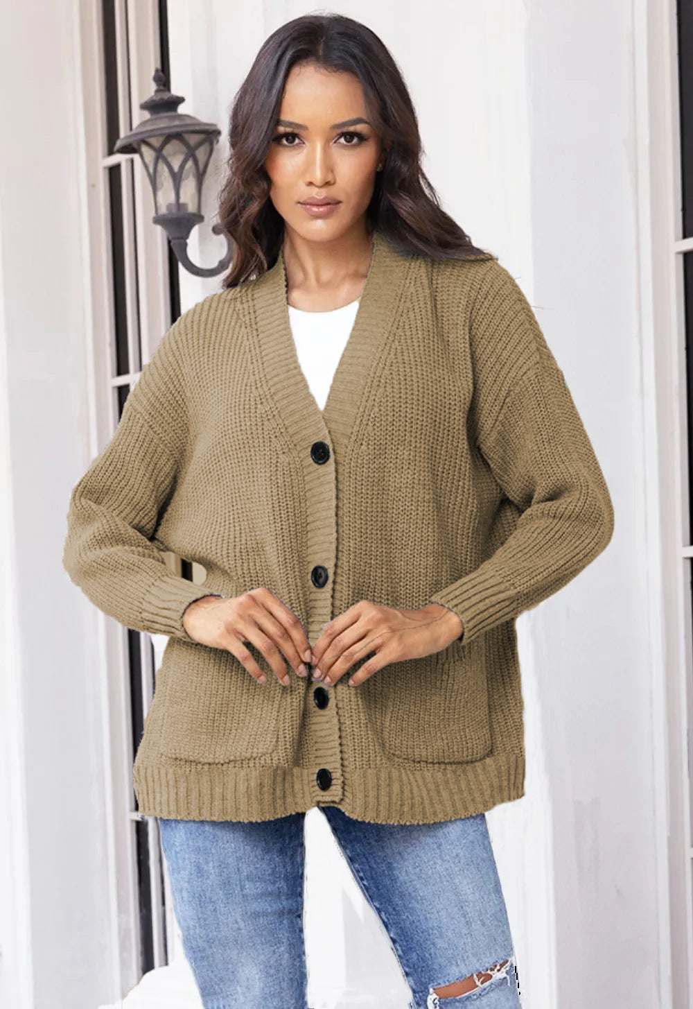Ladies chunky knit cardigan with large pockets and modern button design Chic and Still