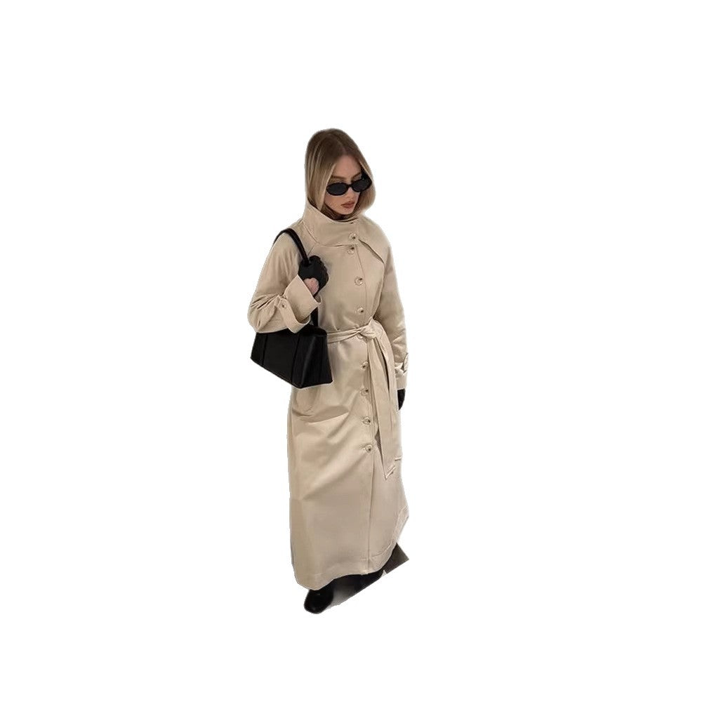 Ladies maxilength trench coat with high stand-up collar, double-breasted button placket and tie belt Amarae