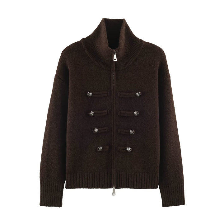 Women's cardigan with zipper, high stand-up collar, and decorative button plackets Amarae
