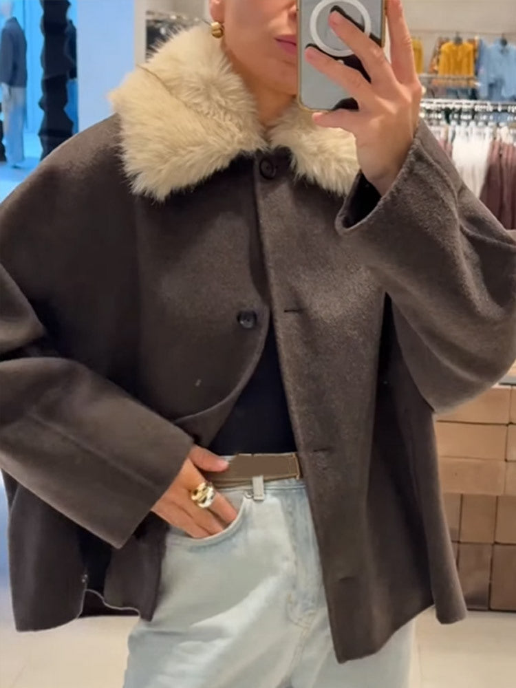 Women's Boxy-Cropped Wool Blend Jacket with Soft Faux Fur Shawl Collar Amarae